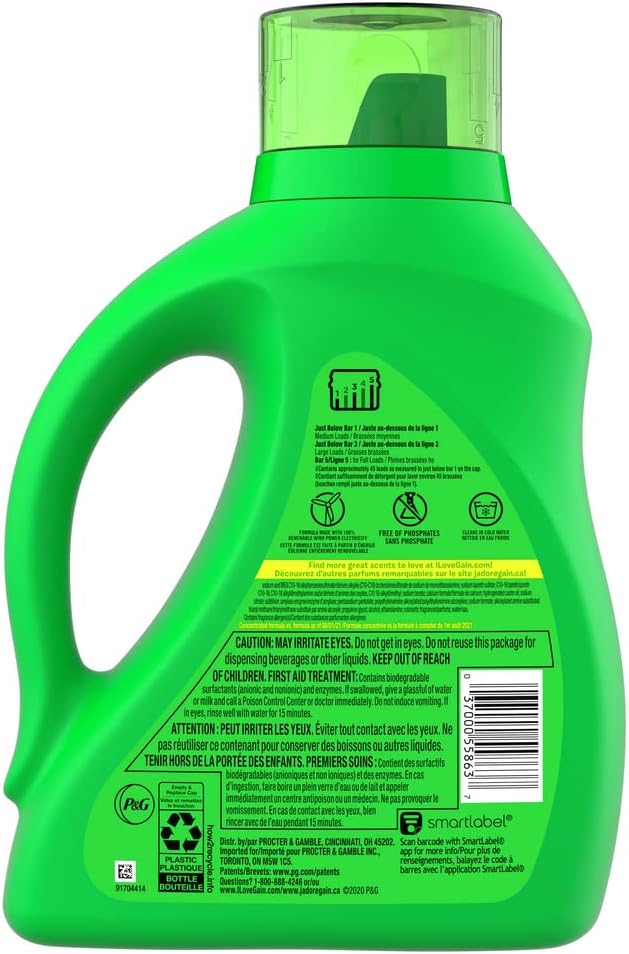 Gain Liquid Laundry Detergent, Original Scent, 65 fl oz x 2, 45 x 2 loads, Freshness + Odor Fighting, High efficiency washing machine iquid cleaning soap