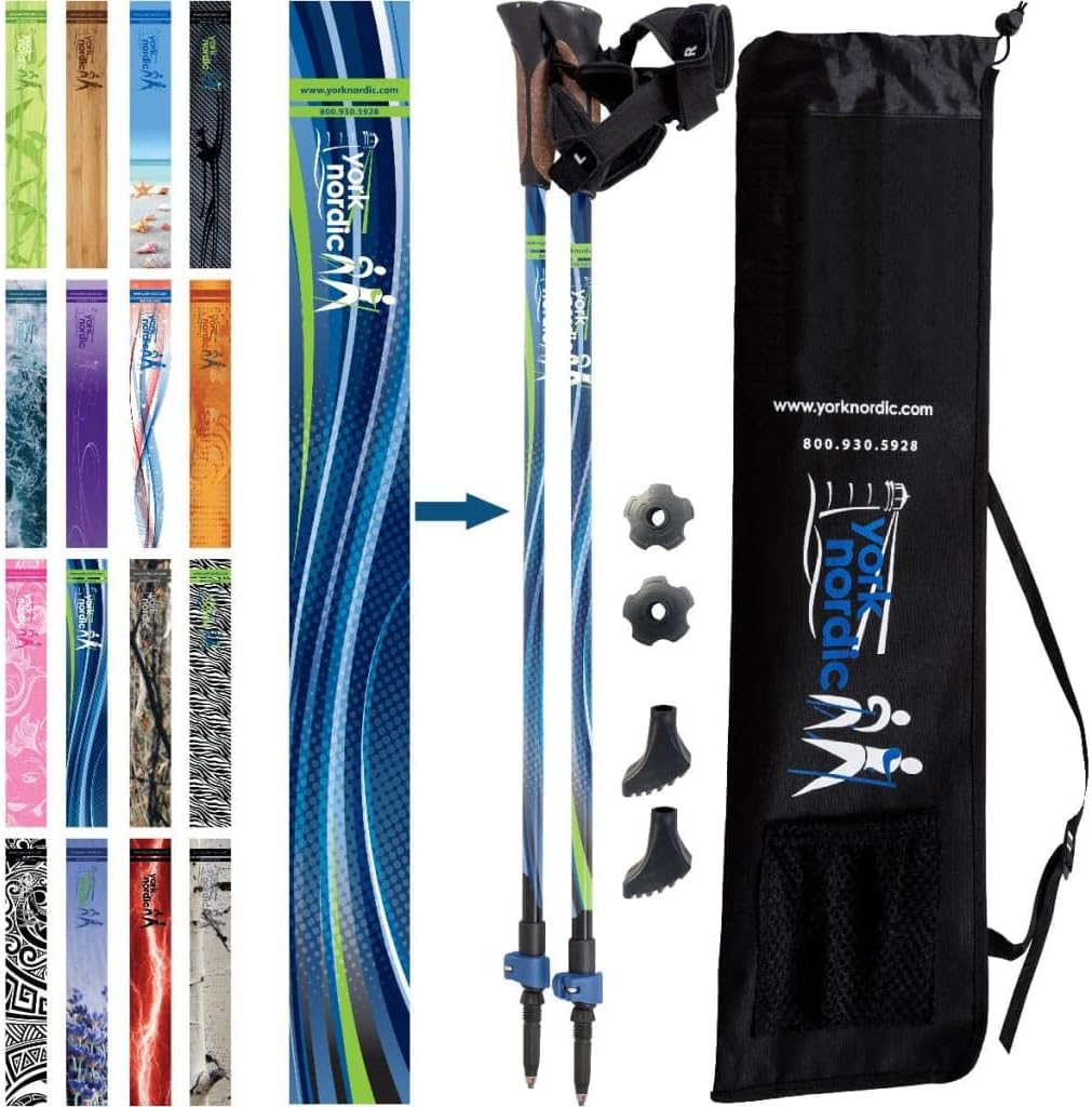 Official Nordic Walking Poles - True Classic Nordic Glove Grips, Lightweight, Adjustable, and Collapsible -2 Pieces w/flip Locks, Detachable Feet and Travel Bag by York Nordic - Heights 5'4"-6'2"