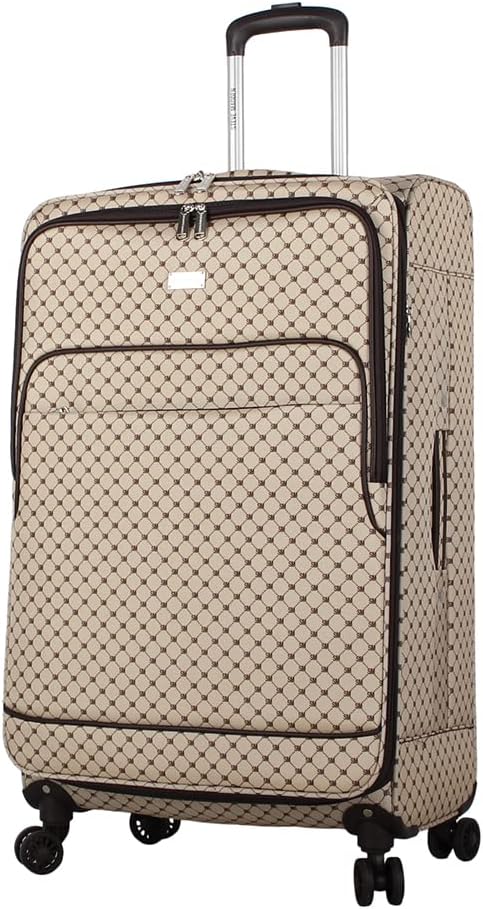 Steve Madden Designer Luggage - Checked Large 28 Inch Softside Suitcase - Expandable for Extra Packing Capacity - Lightweight Bag with Rolling Spinner Wheels (Noble Brown/Tan, 28in)