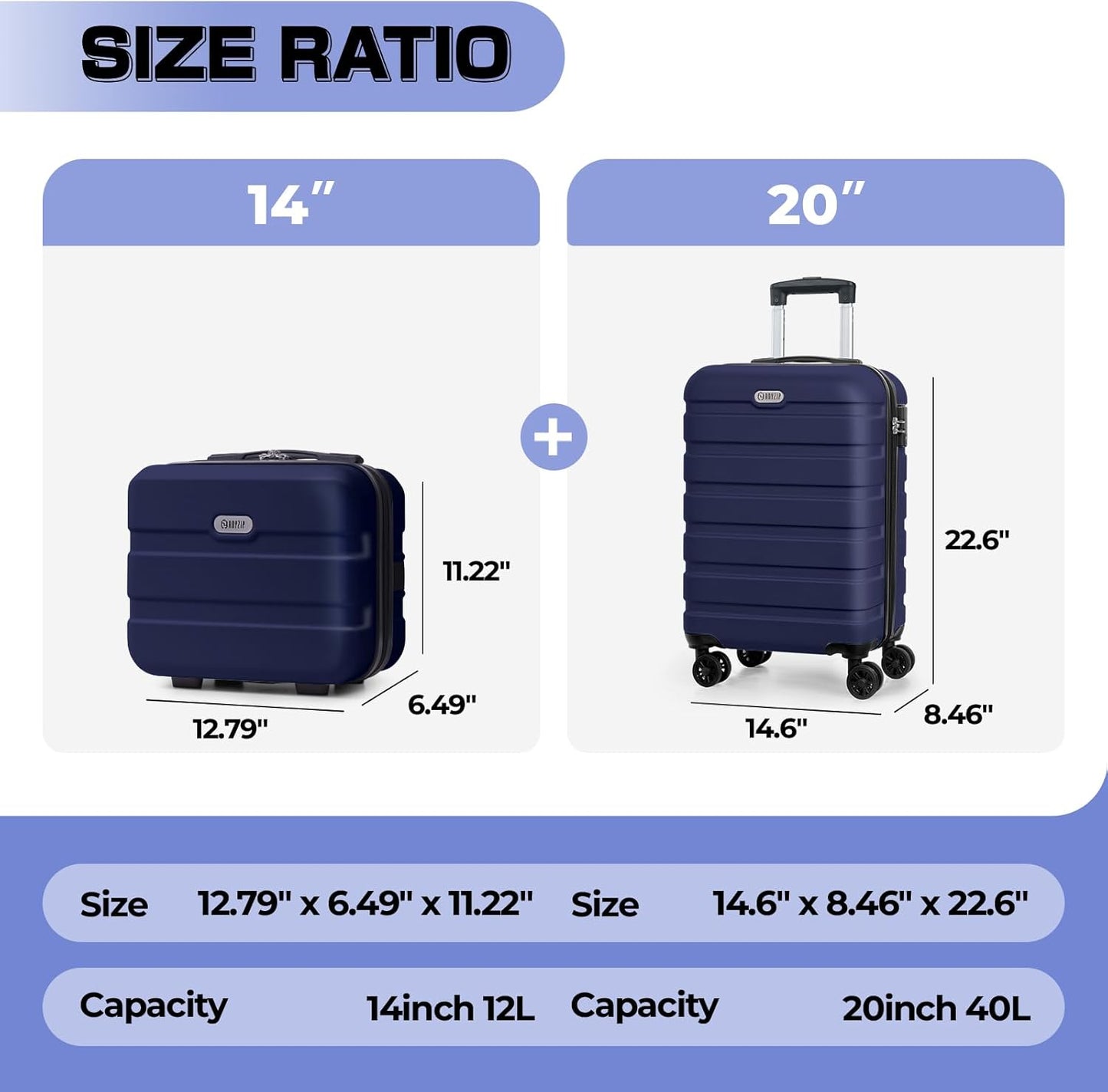 AnyZip Carry On Luggage 2PCS Luggage Set PC ABS Hardshell Lightweight Suitcase TSA Lock with 4 Spinner Wheels（14/20, Dark Blue）