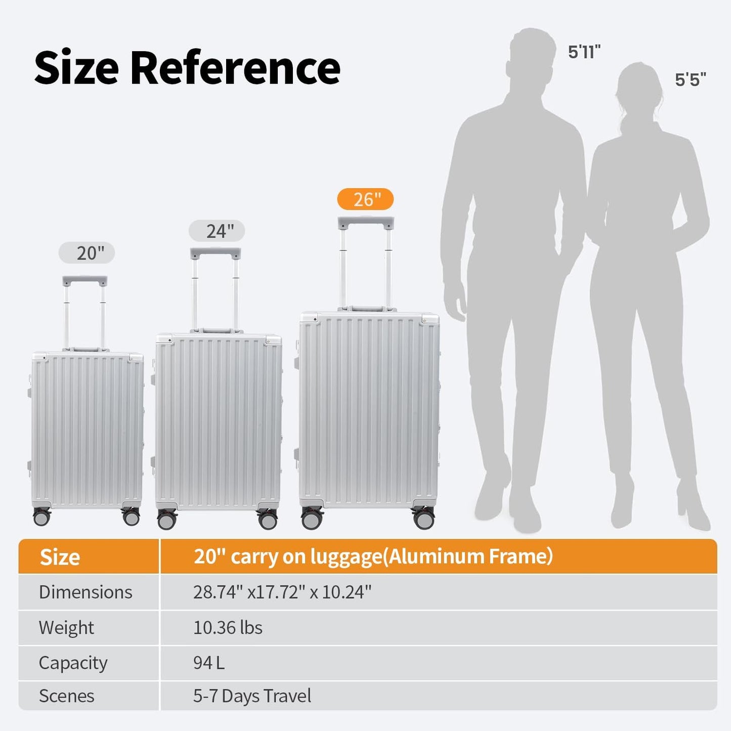 26 Inch Checked Luggage with Spinner Wheels, No Zipper Aluminum Frame Hard Shell Suitcases with TSA Lock, PC+ABS Lightweight Large Suitcase for Travel (Silver)