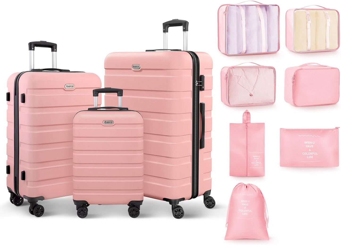 AnyZip Luggage Sets 10 Piece Hardshell Suitcase Set PC ABS Lightweight Travel Suitcases with 4 Double Spinner Wheels TSA Lock 20 24 28 Inch with 7 Storage Bags Pink