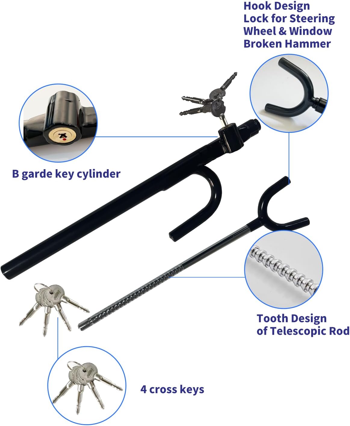 Steering Wheel Lock Anti-Theft car Device Car Wheel Locks Heavy Duty Vehicle Security Steering Wheel Lock for Truck Car Vehicles Van Lorry SUV with 4 Keys, Elongated Length MAX 30.5“ Black