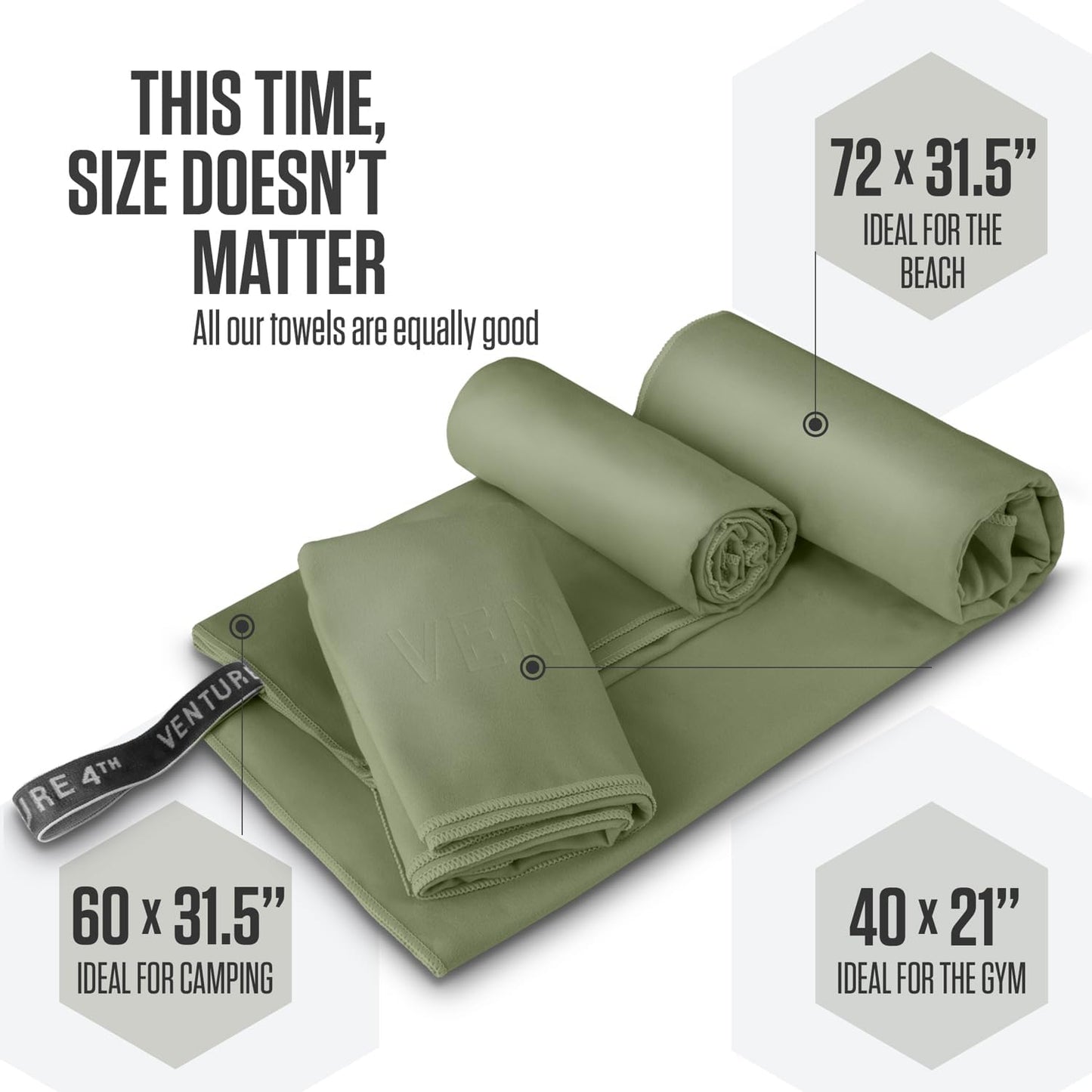 VENTURE 4TH Quick Dry Towel. Microfiber Travel Towel Ideal for Camping, Hiking, Backpacking, Gym. Lightweight & Fast Drying Travel Towels for Body. Compact & Easy to Pack - Army Green Extra Large