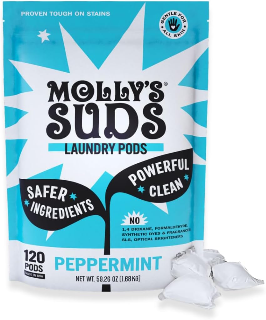 Molly's Suds Laundry Detergent Pods | Clean Detergent for Sensitive Skin | Ultra Concentrated and Stain Fighting | Peppermint - 120 Count (Value Pack)