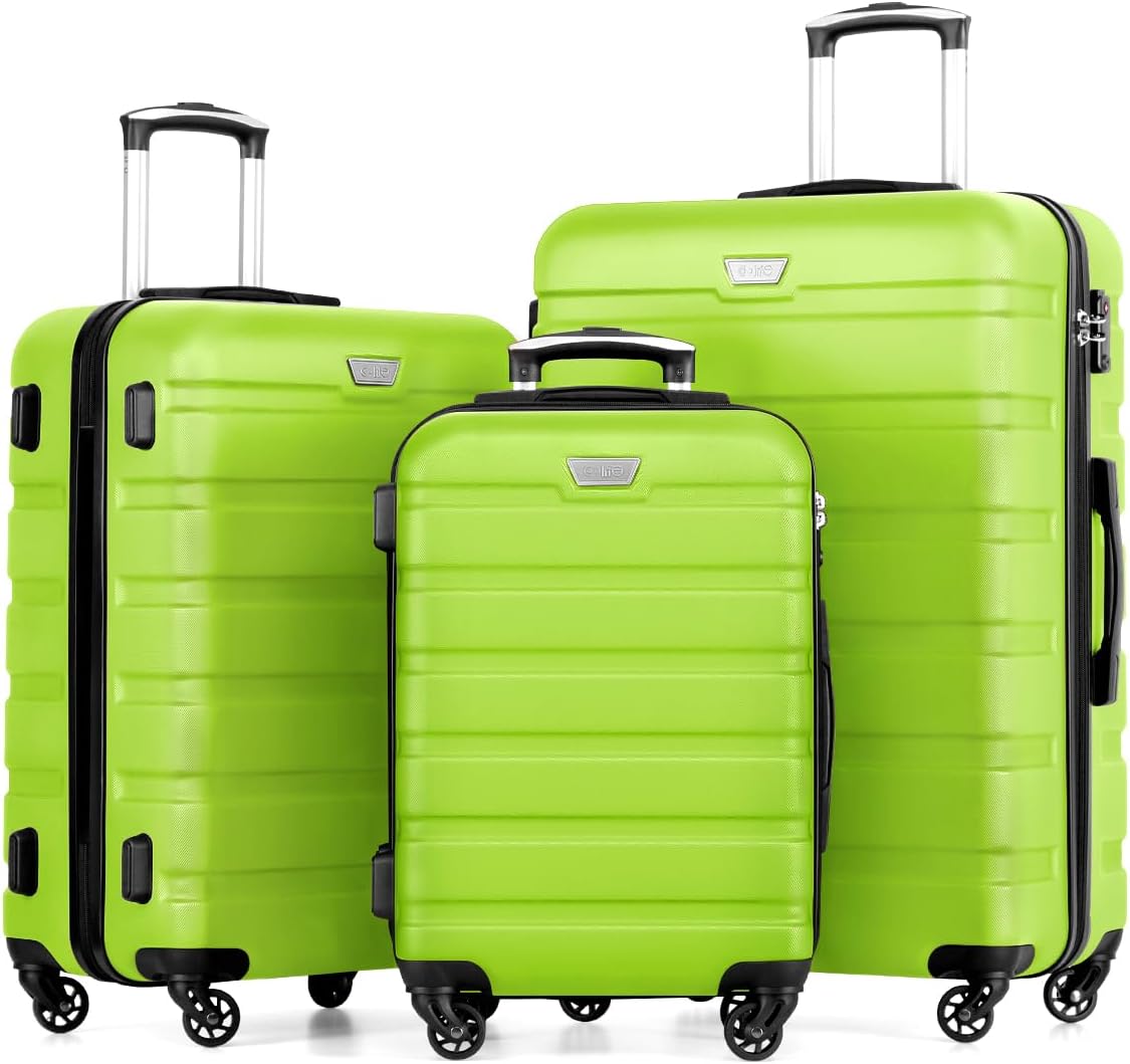 Coolife Luggage 3 Piece Set Suitcase Spinner Hardshell Lightweight TSA Lock (apple green2)