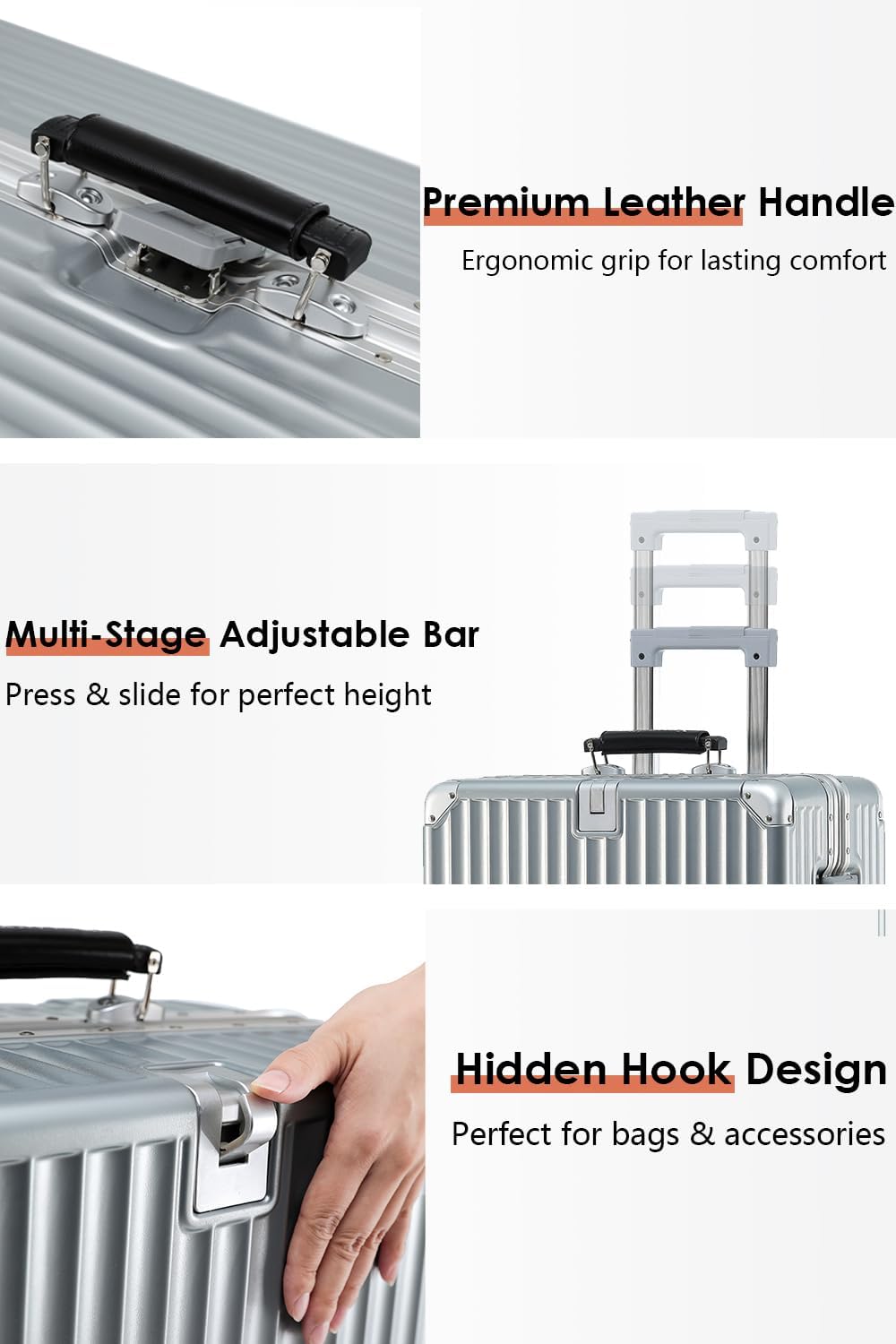 24 Inch Hardside Checked Luggage with Leather Handle, PC Zipperless Suitcase with Spinner Wheels and TSA Locks, Lightweight Checked Luggage for Travel