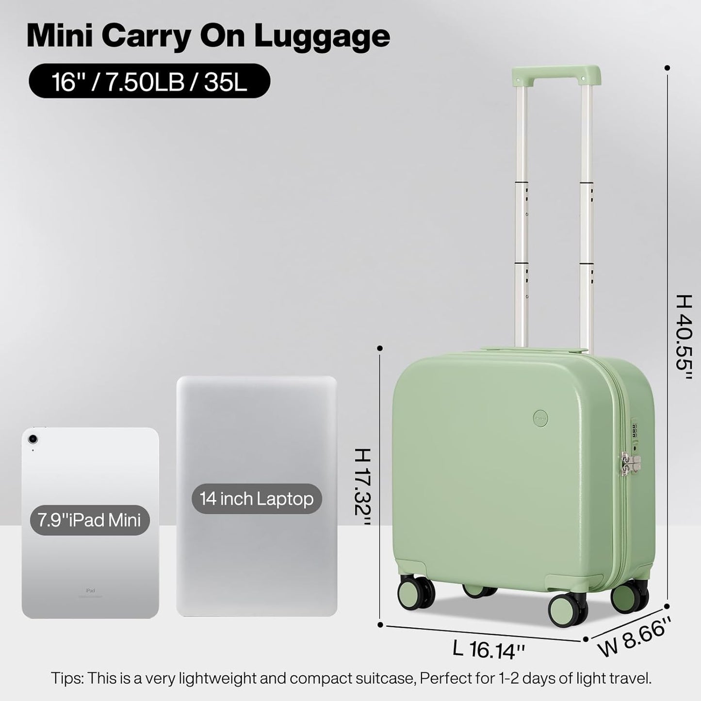mixi Carry on Luggage, Suitcase with Spinner Wheels 16in Luggage Hardshell Lightweight Rolling Suitcases PC with Cover & TSA Lock, Avocado Green