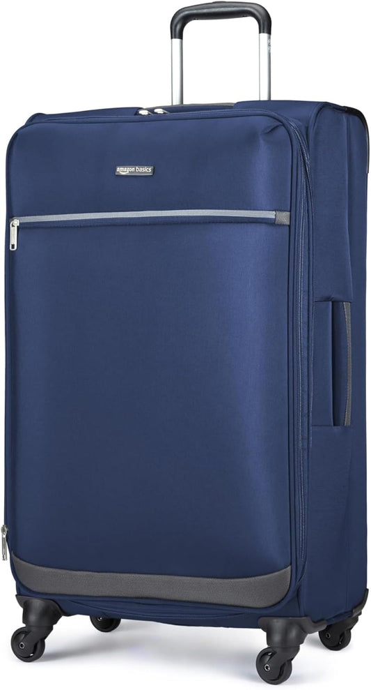 Amazon Basics Luggage, 28" Large Checked Softside Suitcase With Wheels With Four 360-Degree Multi-directional Spinner Wheels Expandable Space Zippered Pocket and Straps, Telescopic Handle, Navy Blue