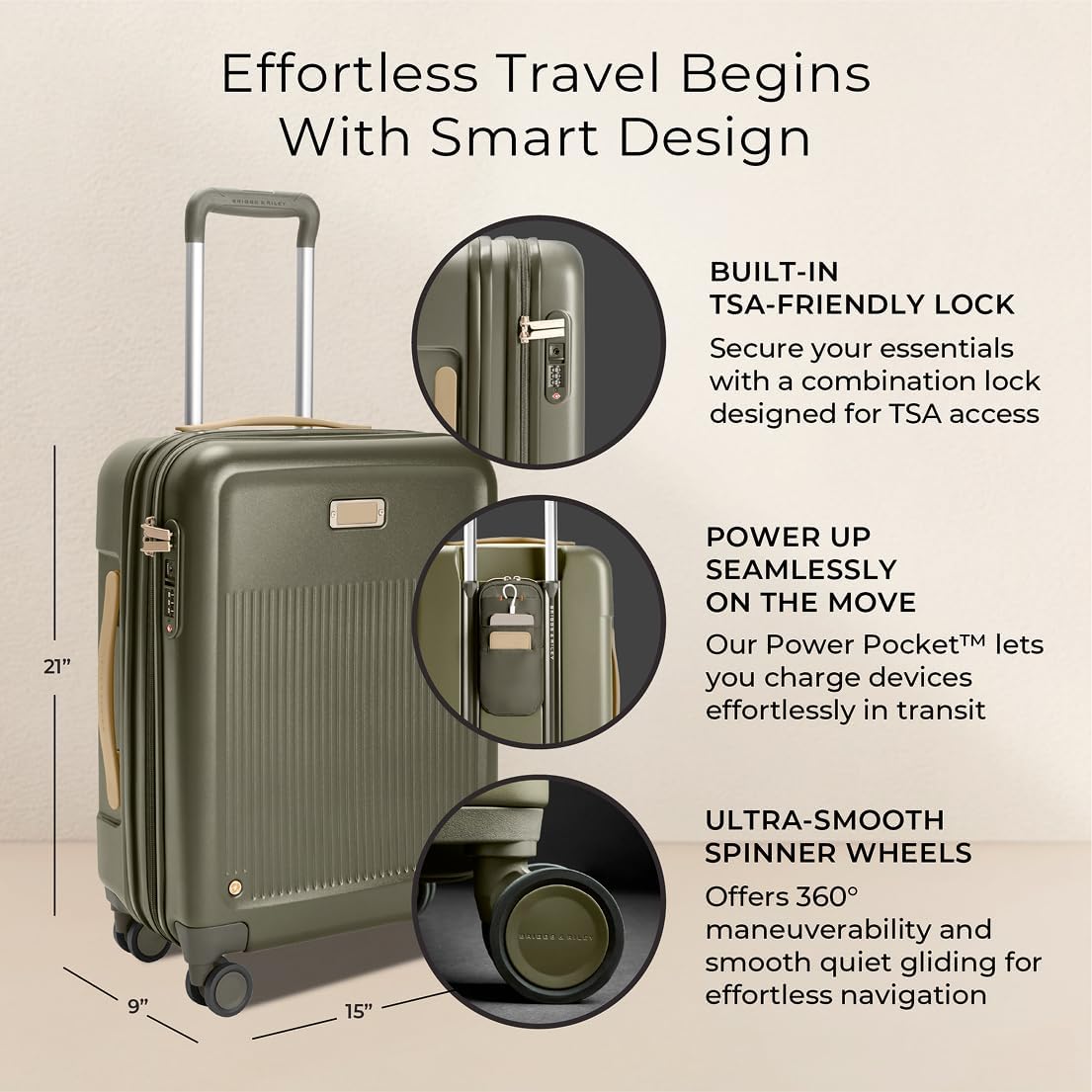 Briggs & Riley 21" Global Carry On Expandable Spinner - Luggage for Travel, Suitcases with Wheels, Hardside Rolling Bag for Men & Women, Self-Repairing Zipper - Sympatico Collection, Olive