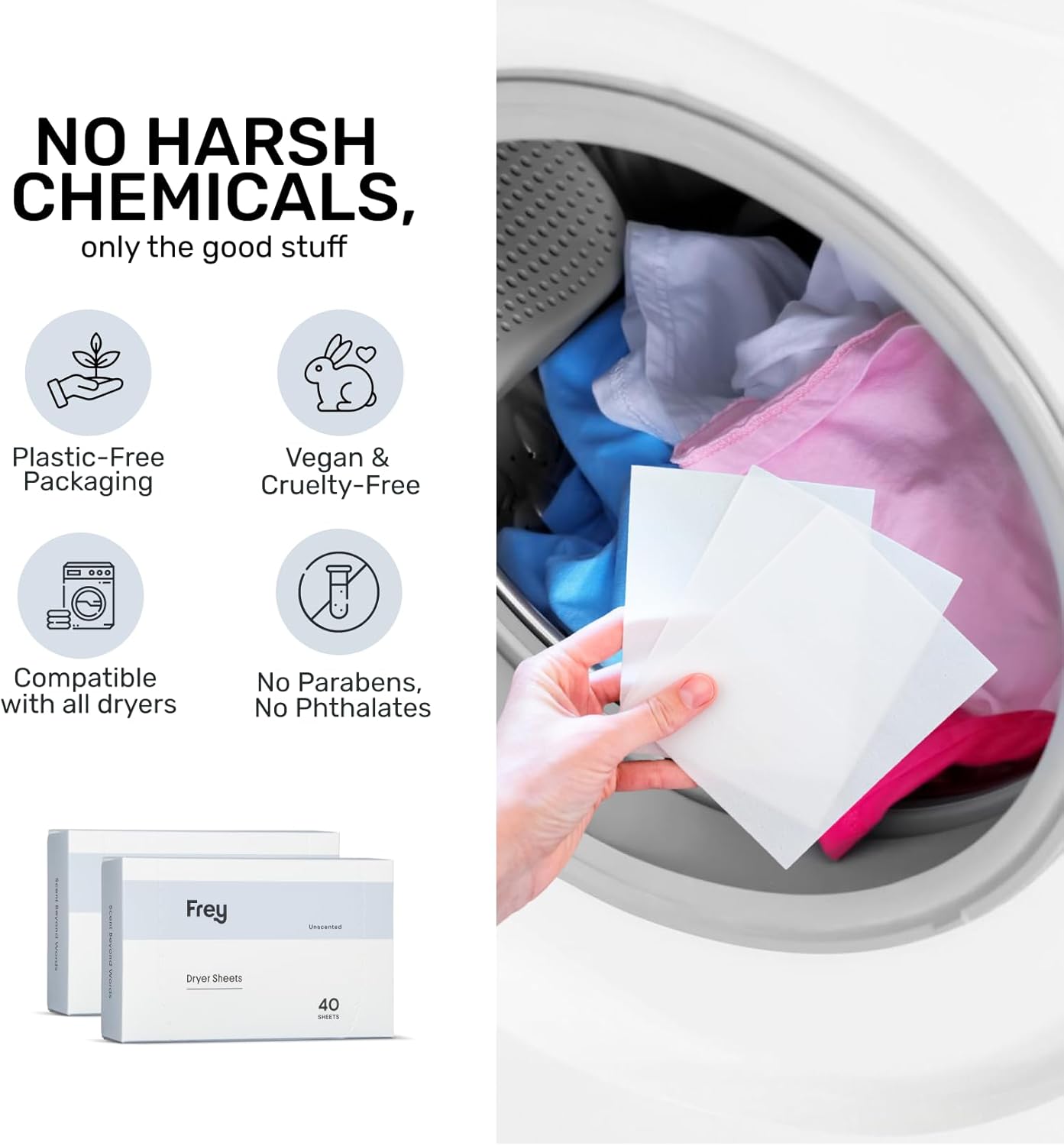 FREY Naturally Scented Dryer Sheets - Fabric Softener for Soft, Fresh & Clean Clothes (1-pack, Fragrance-free)