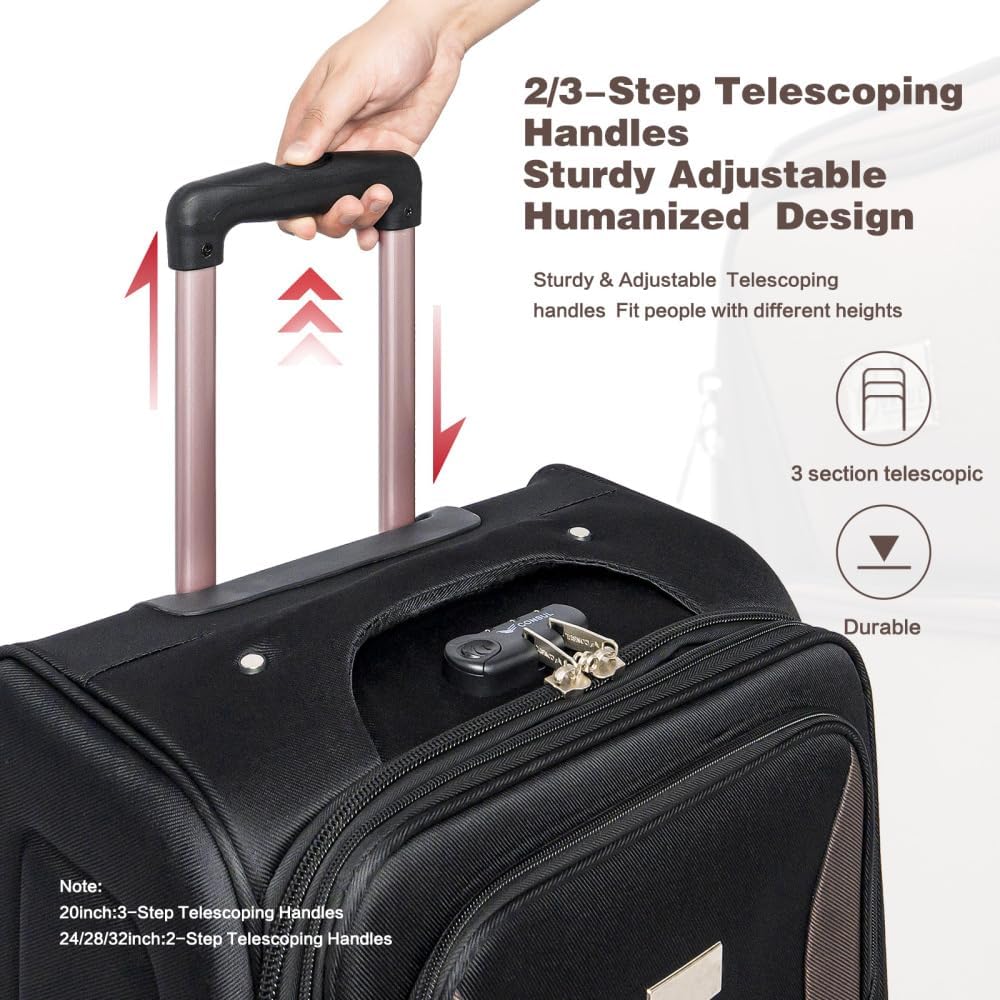 Lispin Luggage Set Softshell Expandable 4 Piece Suitcase with Wheels Softside Lightweight Travel Carry on Luggage (Black + Polyester)