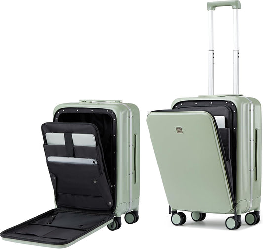 Hanke Grace Hard Shell Suitcases with Wheels,20 Inch Carry On Luggage Airline Approved with Aluminum Frame, Travel suitcase with Front Pocket Travel Luggage for Short Business Trips, Bamboo Green.