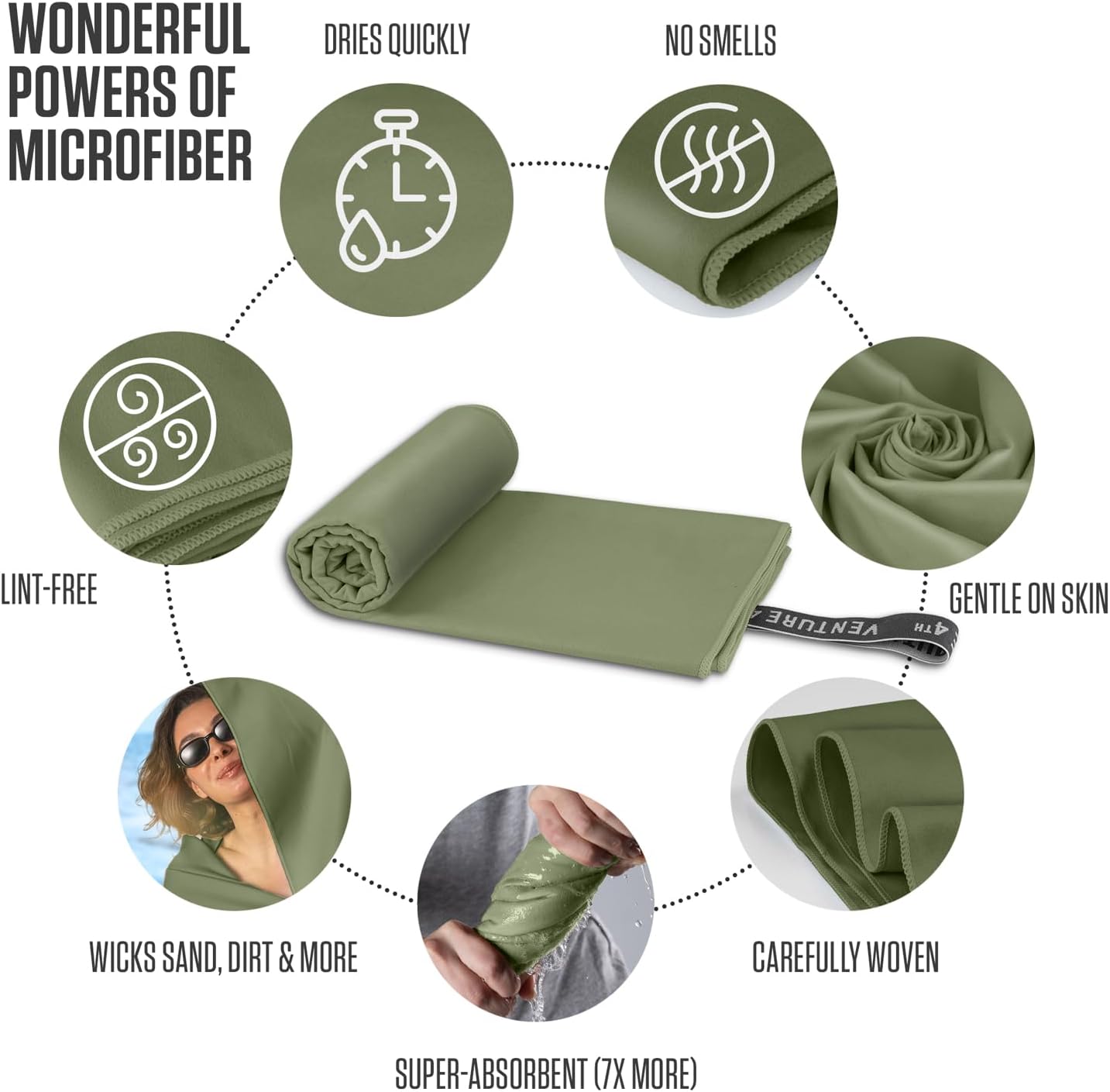 VENTURE 4TH Quick Dry Towel. Microfiber Travel Towel Ideal for Camping, Hiking, Backpacking, Gym. Lightweight & Fast Drying Travel Towels for Body. Compact & Easy to Pack - Army Green Extra Large