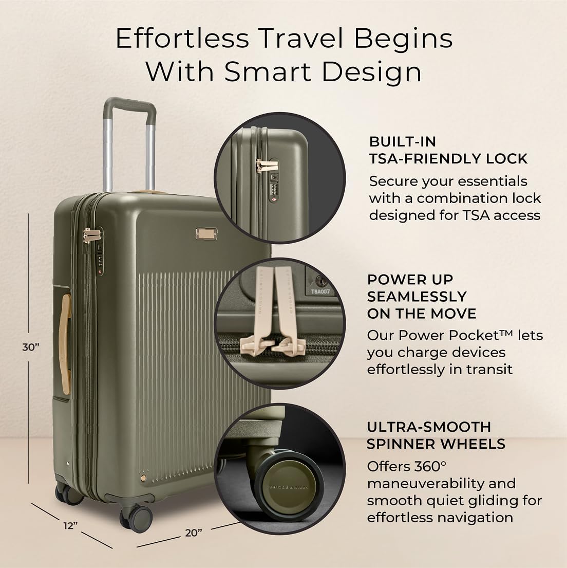 Briggs & Riley 30" Large Expandable Spinner - Checked Luggage for Travel, Suitcases with Wheels, Hardside Rolling Bag for Men & Women, Self-Repairing Zipper - Sympatico Collection, Olive