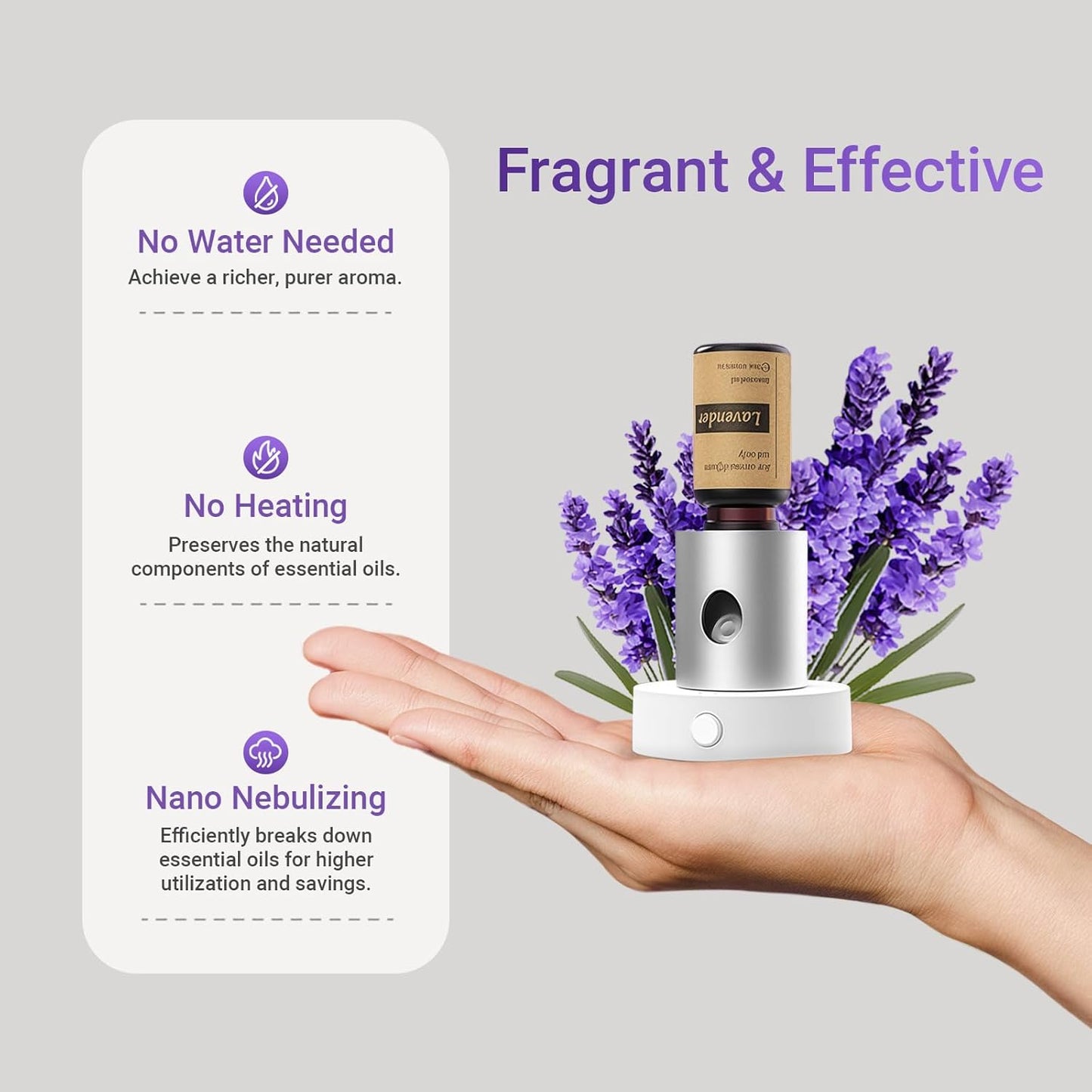 Mini Waterless Nebulizing Essential Oil Diffuser with 10ml Lavender Oil for Aromatherapy, Small Portable with Air Mist and Scent for Home, Room, Hotel, Desk, Office, Travel - Silvery