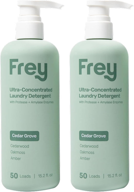 FREY Concentrated Liquid Laundry Detergent | Formulated for Sensitive Skin & HE Washers | Removes Stains Effectively | 50 Loads per Bottle (2-pack Cedar Grove)