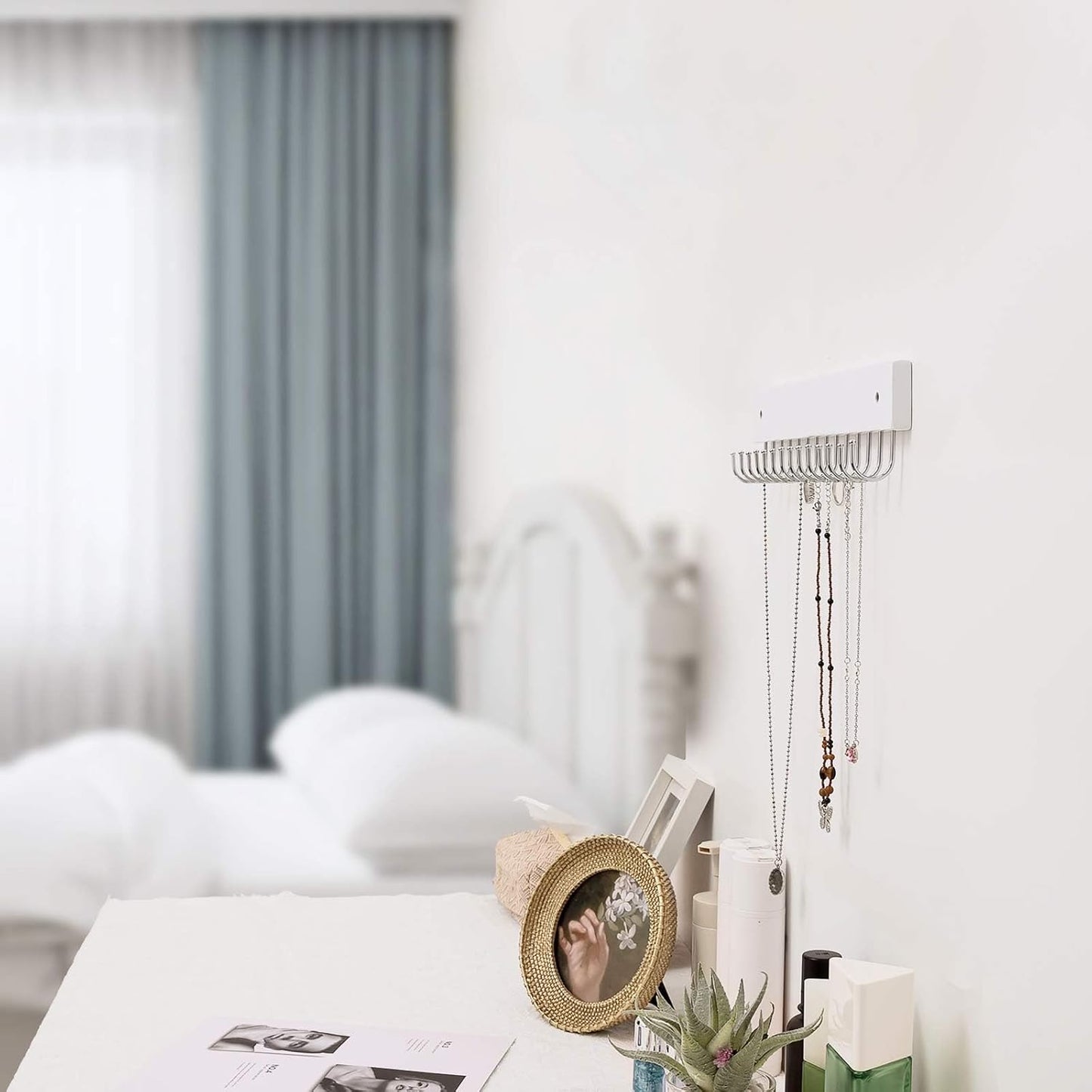 Hanging Jewelry Organizer Wall Mounted, Modern Jewelry Display with 28 Hooks, Decorative Necklace Holder for Wall, Space Saving Necklace Hooks, (2 Packs, White)