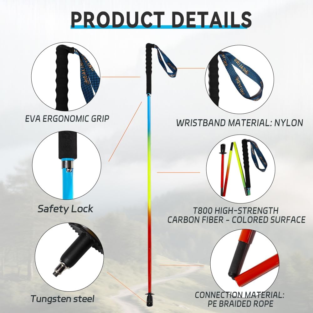 Carbon Fiber Trekking Poles 2-Pack - Ultra Lightweight 10oz, Collapsible 3-Piece Folding Design with Anti-Shock, Moisture-Wicking Cork Grips for Hiking, Mountaineering