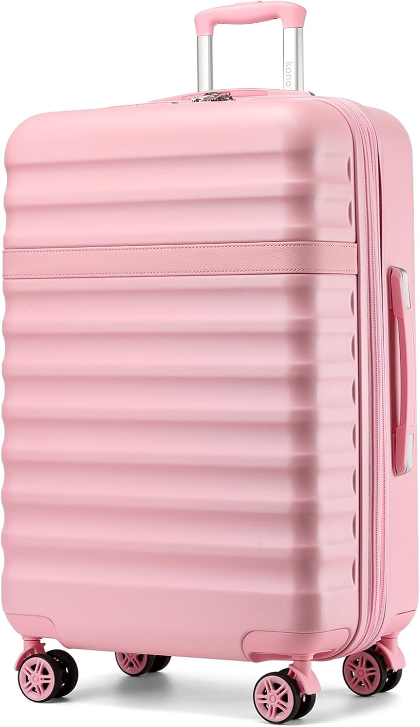 Kono Expandable 28 Inch Large Checked Luggage: ABS+PC Hardside Trolley Travel Case - Hard Shell Suitcase with TSA Lock, Cream/Pink