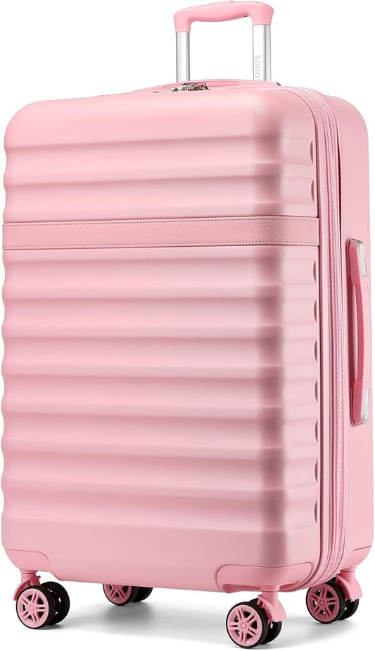 Kono Expandable 28 Inch Large Checked Luggage: ABS+PC Hardside Trolley Travel Case - Hard Shell Suitcase with TSA Lock, Cream/Pink