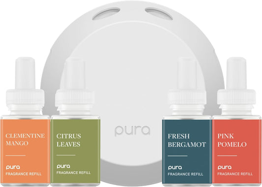 Pura 4 Smart Home Fragrance Device Starter Set - Scent Diffuser for Home - Clementine Mango, Fresh Bergamot, Citrus Leaves, Pink Pomelo