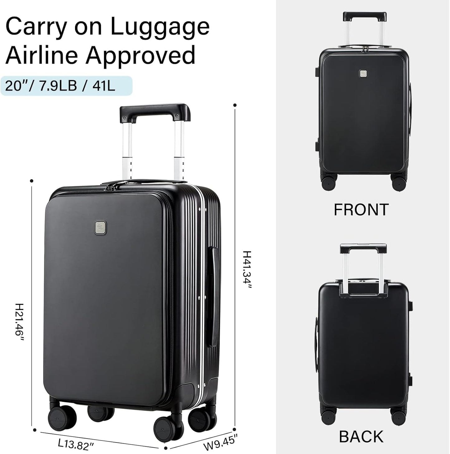 Hanke Grace Hard Shell Suitcases with Wheels,20 Inch Carry On Luggage Airline Approved with Aluminum Frame, Travel suitcase with Front Pocket Travel Luggage for Short Business Trips, Jet Black.