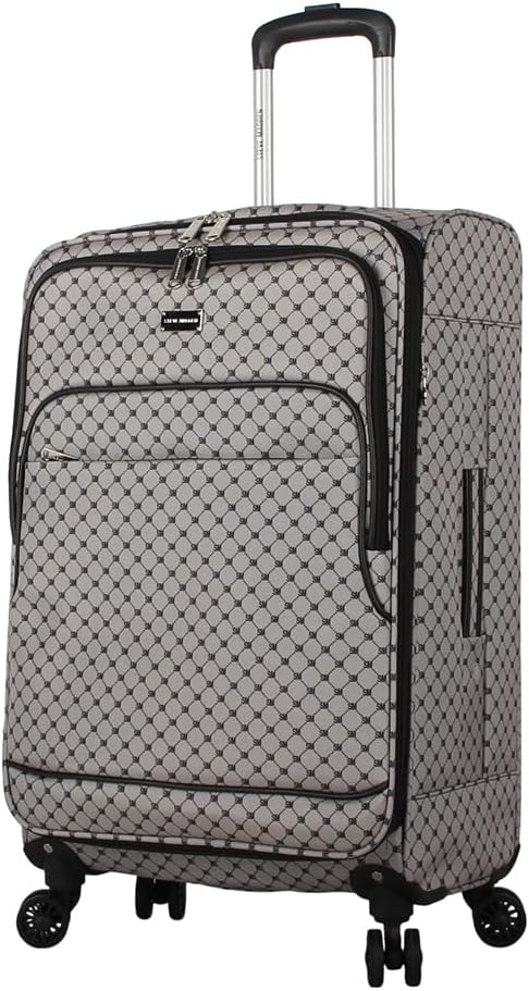 Steve Madden Designer Luggage Collection - Lightweight 24 Inch Expandable Softside Suitcase - Mid-size Rolling 4-Spinner Wheels Checked Bag (Noble Black/Grey, 24in)