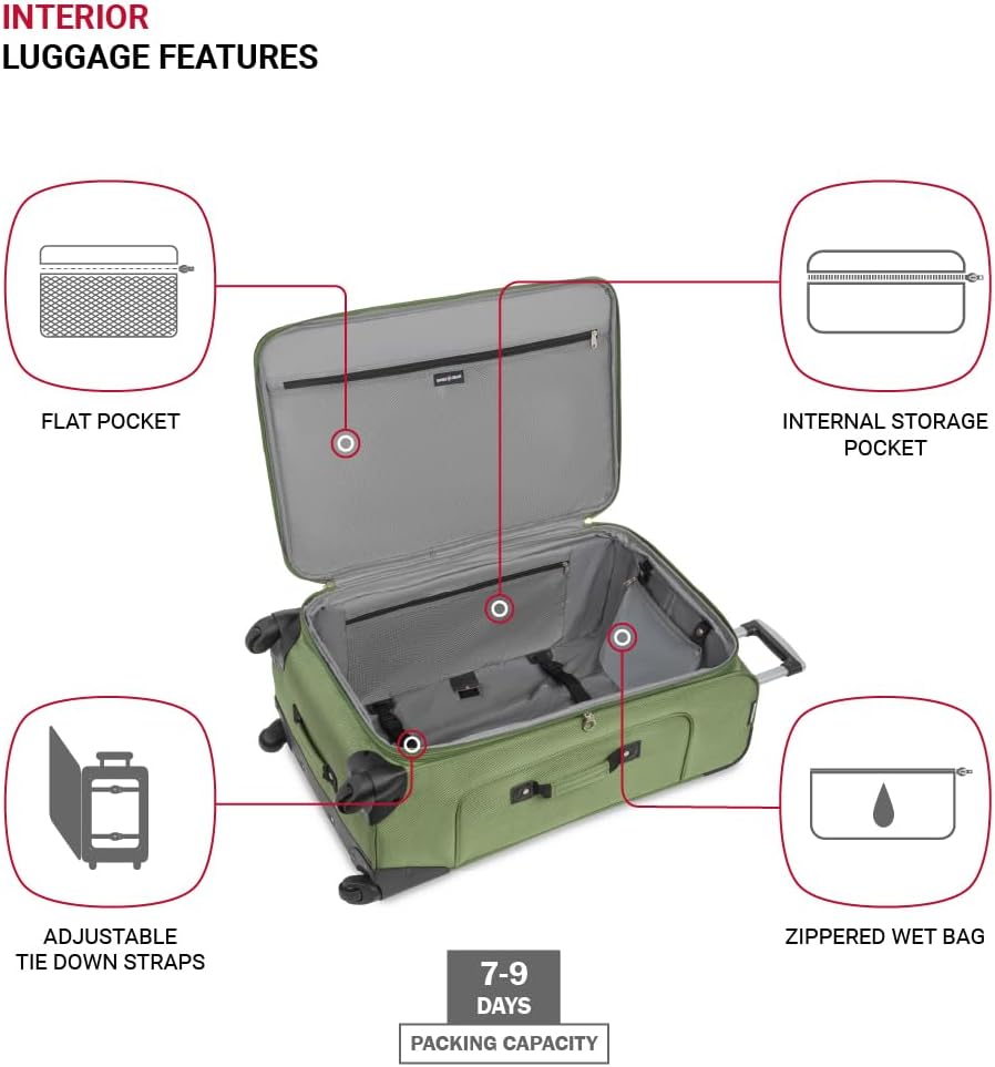 SwissGear Sion Softside Expandable Luggage with Spinner Wheels, Evergreen, Checked-Large 29-Inch