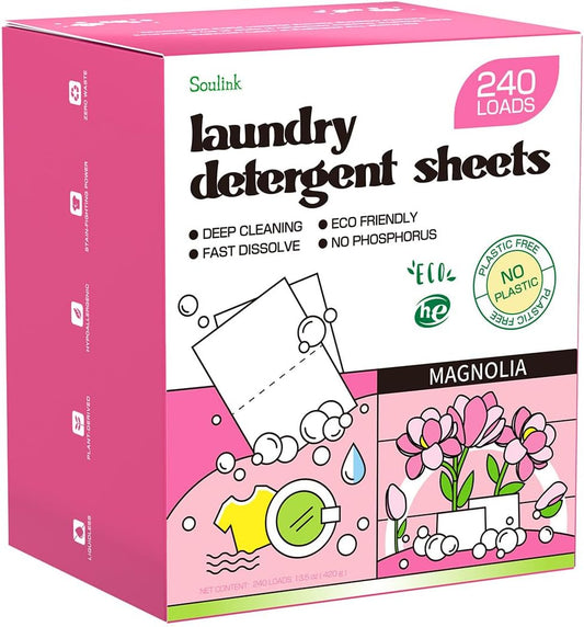 Soulink Magnolia Laundry Detergent Sheets 240 Loads - Eco-Friendly, Plant-Based, Hypoallergenic, No Plastic Jug