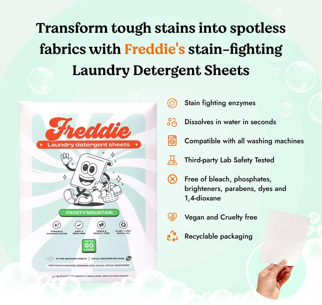 Freddie Laundry Detergent Sheets - Recyclable Packaging - No Mess Strips - 60 Loads - Crisp Frosty Mountain Scent