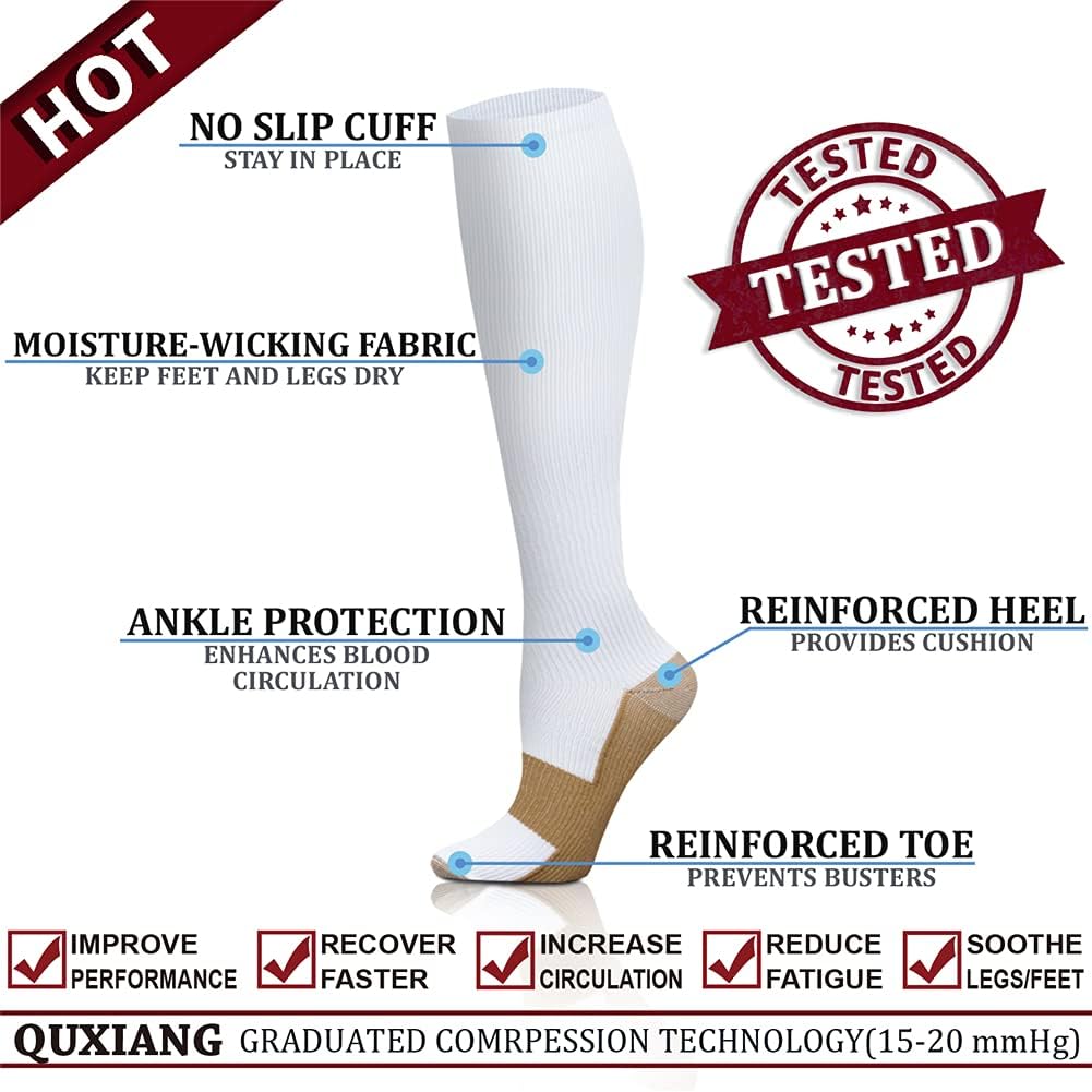QUXIANG Copper Compression Socks for Women & Men Circulation (8 Pairs) - Best for Running Athletic Cycling - 15-20 mmHg