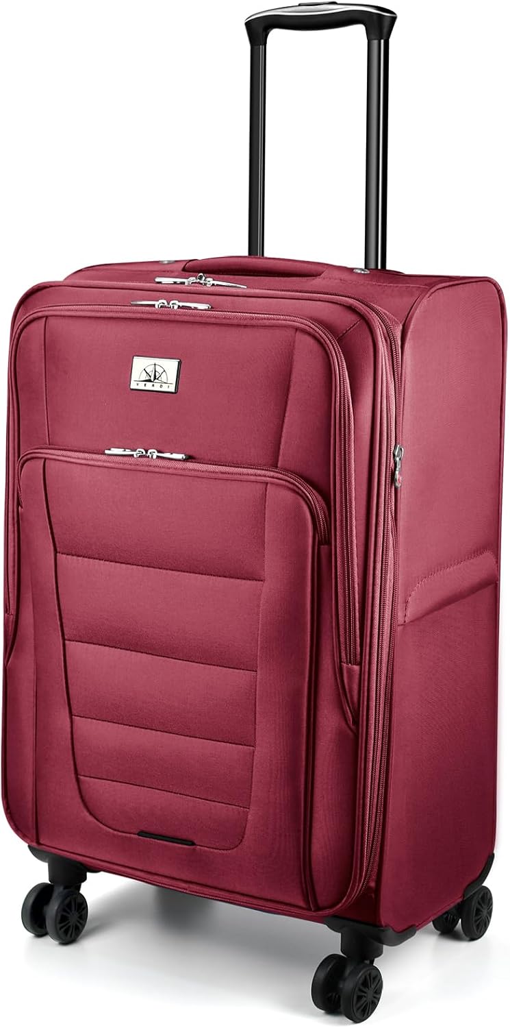 Verdi Softside Expandable 24 Inch Luggage with Spinner Wheels Lightweight Suitcase (Burgundy, Checked-Large 24-Inch)