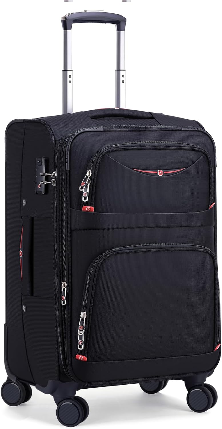 Softside Expandable Luggage with 4 Spinner Wheels, Durable Carry-On Luggage Suicase (Black, 21-Inch)