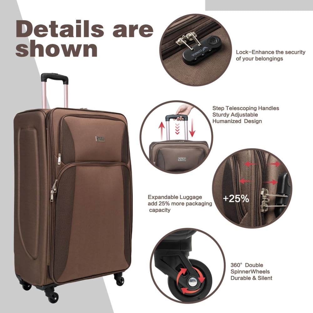 Lispin Luggage Set Softshell Expandable 4 Piece Suitcase with Wheels Softside Lightweight Travel Carry on Luggage (Brown + Polyester)