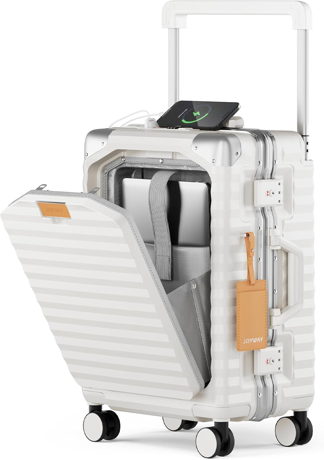 Joyway 20 Inch Carry on Luggage with Aluminium Frame and Front Pocket, PC Hardshell Suitcase with USB Port and Cup Holder, 21.5x14.2x9 Airline Approved, Luggage with Spinner Wheels and TSA Lock(White)