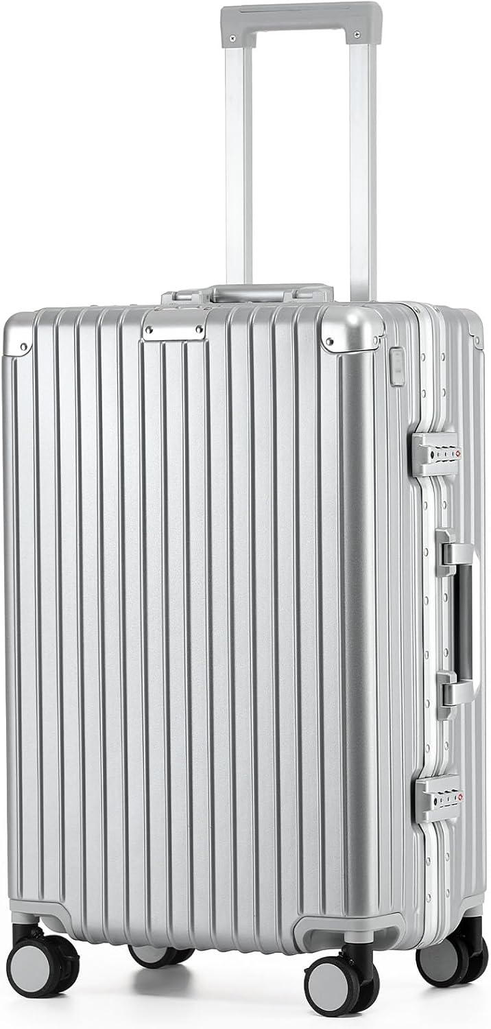 24 Inch Aluminum Frame Checked Travel Luggage with Spinner Wheels,Zipperless Hard Shell Suitcases with TSA Approved USB Port,Cup & Phone Holder for Women Men,Silver