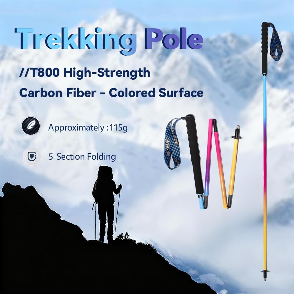 Carbon Fiber Trekking Poles 2-Pack - Ultra Lightweight 10oz, Collapsible 3-Piece Folding Design with Anti-Shock, Moisture-Wicking Cork Grips for Hiking, Mountaineering