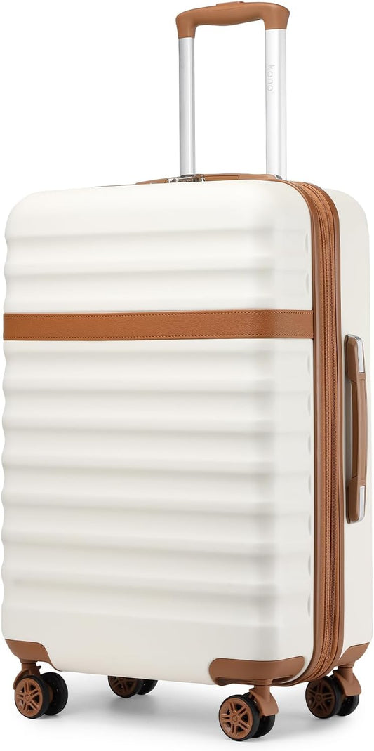 Kono Medium Sized Checked Luggage, 24 Inch Expandable with Spinner Wheels, TSA Lock, ABS + PC Lightweight Travel Suitcase with Larger Capacity and Lighter Weight, Cream Brown