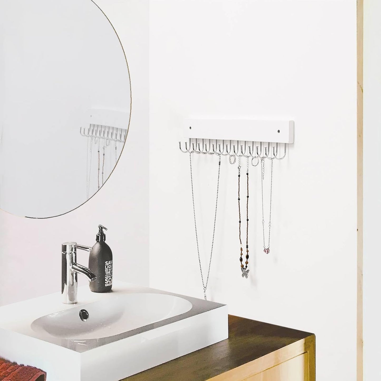 Hanging Jewelry Organizer Wall Mounted, Modern Jewelry Display with 28 Hooks, Decorative Necklace Holder for Wall, Space Saving Necklace Hooks, (2 Packs, White)