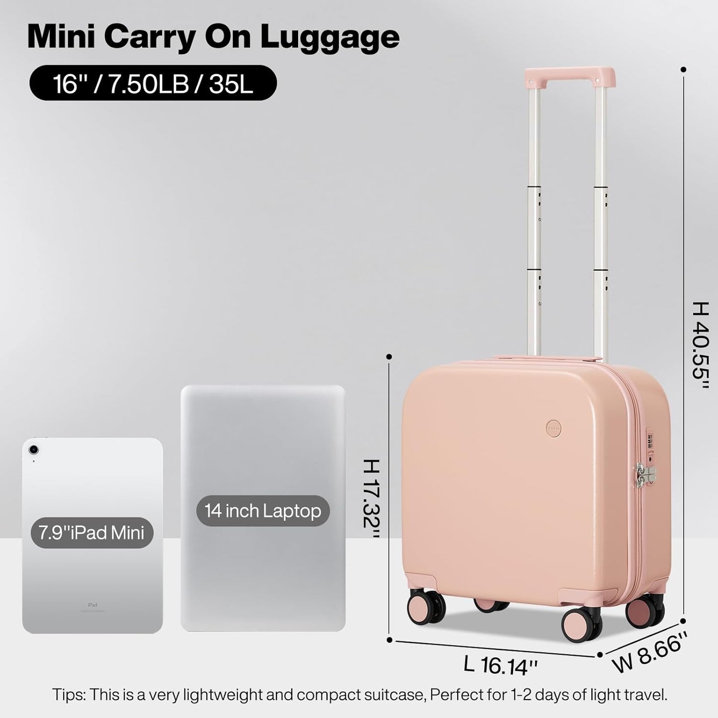 mixi Carry on Luggage, Suitcase with Spinner Wheels 16in Luggage Hardshell Lightweight Rolling Suitcases PC with Cover & TSA Lock, Pink