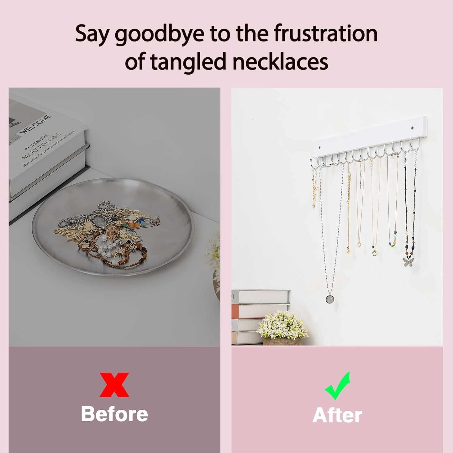 Hanging Jewelry Organizer Wall Mounted, Modern Jewelry Display with 28 Hooks, Decorative Necklace Holder for Wall, Space Saving Necklace Hooks, (2 Packs, White)