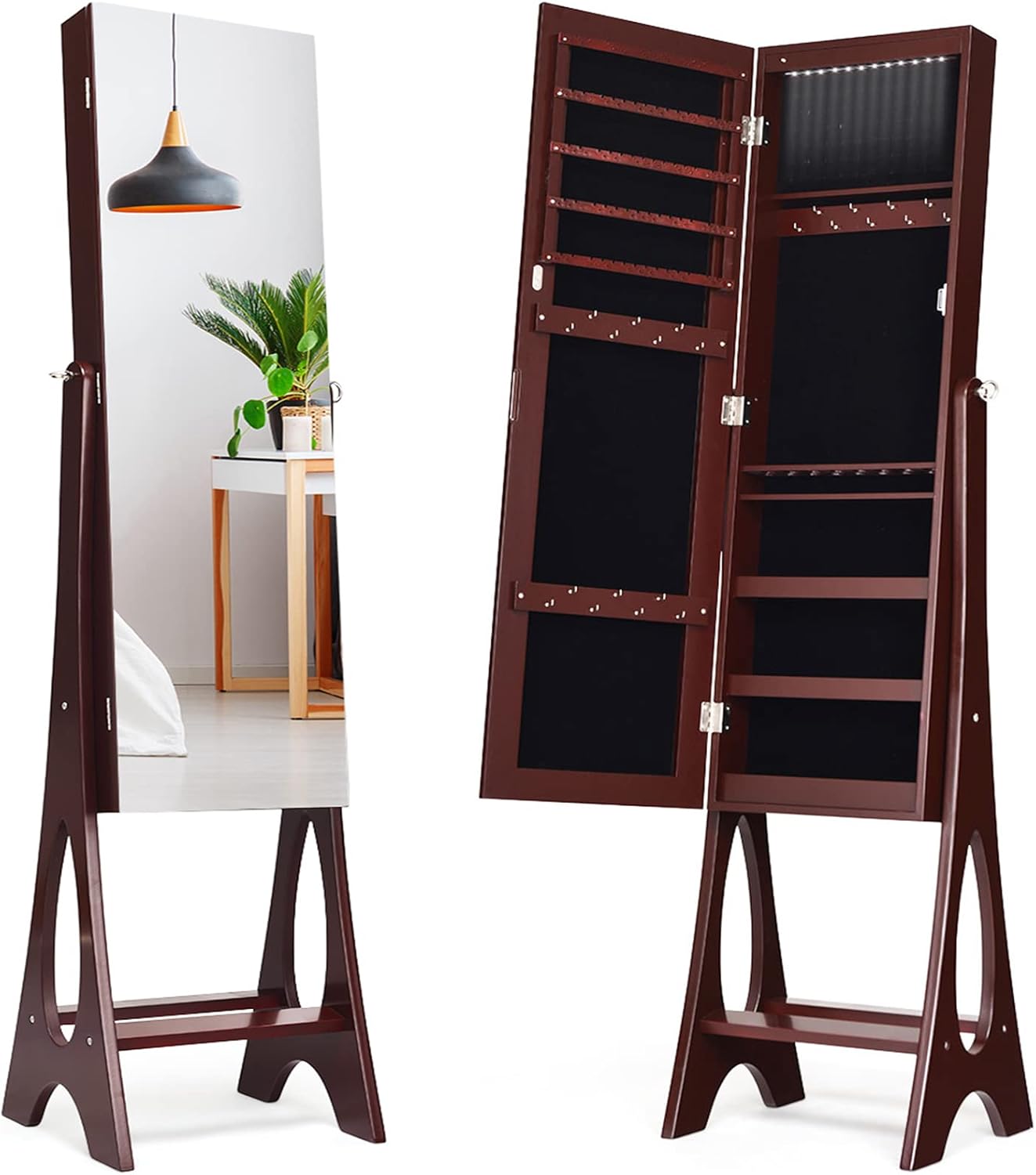 Giantex 12 LED Jewelry Armoire Cabinet with Frameless Full-length Mirror, Standing Jewelry Cabinet with 16 Lipstick Holders, Large Storage Capacity, 3 Angles Adjustable (Brown)