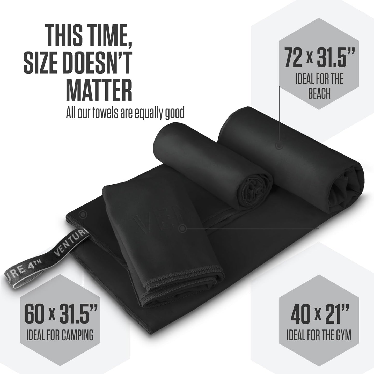 VENTURE 4TH Quick Dry Towel. Microfiber Travel Towel Ideal for Camping, Hiking, Backpacking, Gym. Lightweight & Fast Drying Travel Towels for Body. Compact & Easy to Pack - Black Medium