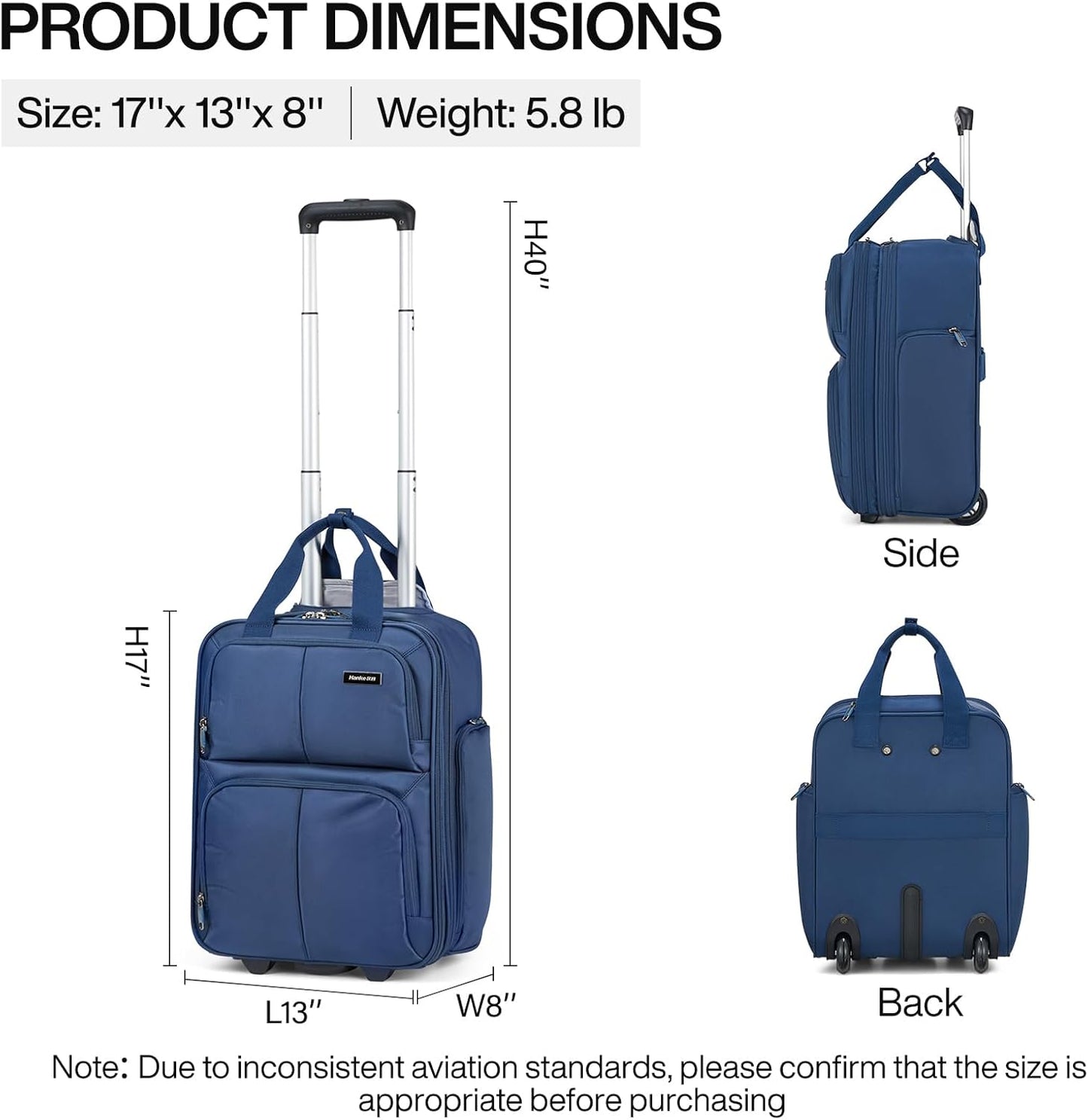 Hanke Softside Underseat Carry On Luggage with Wheels,Travel Luggage Rolling Bag Small Suitcase，Blue, Underseater 16-Inch