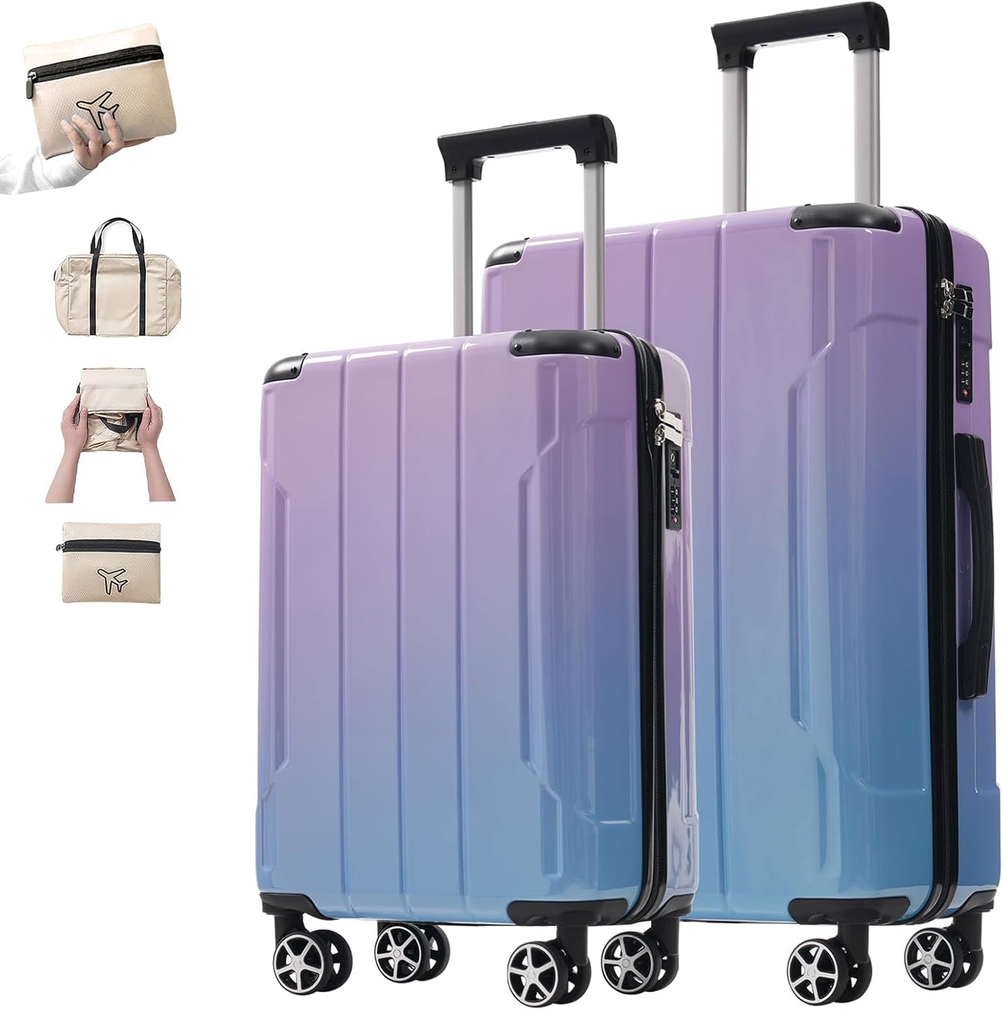 Merax Luggage Set 3 Piece Glossy PC Suitcases with Spinner Wheels, Built-In TSA Lock, 20" Carry-On Airline Approved 24" Checked Luggage, Foldable Duffel Bag for Travel (Gradient Color)
