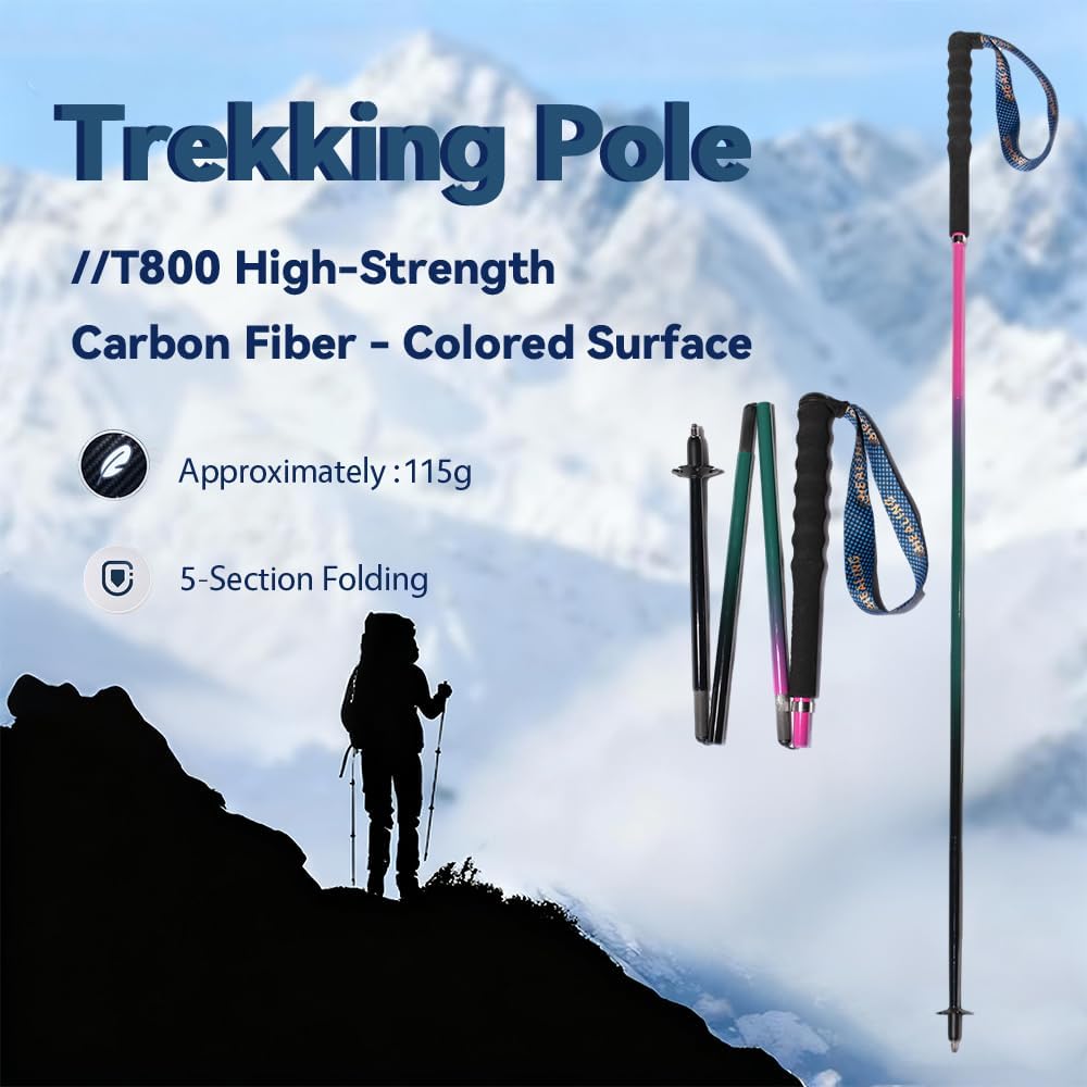 Carbon Fiber Trekking Poles 2-Pack - Ultra Lightweight 10oz, Collapsible 3-Piece Folding Design with Anti-Shock, Moisture-Wicking Cork Grips for Hiking, Mountaineering