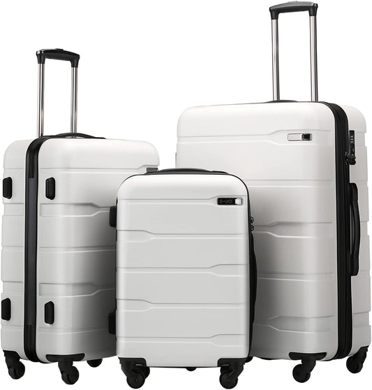 Coolife 3-Piece Luggage Set with Expandable 28-Inch Suitcase, PC+ABS Spinner (20/24/28 Inch, White)