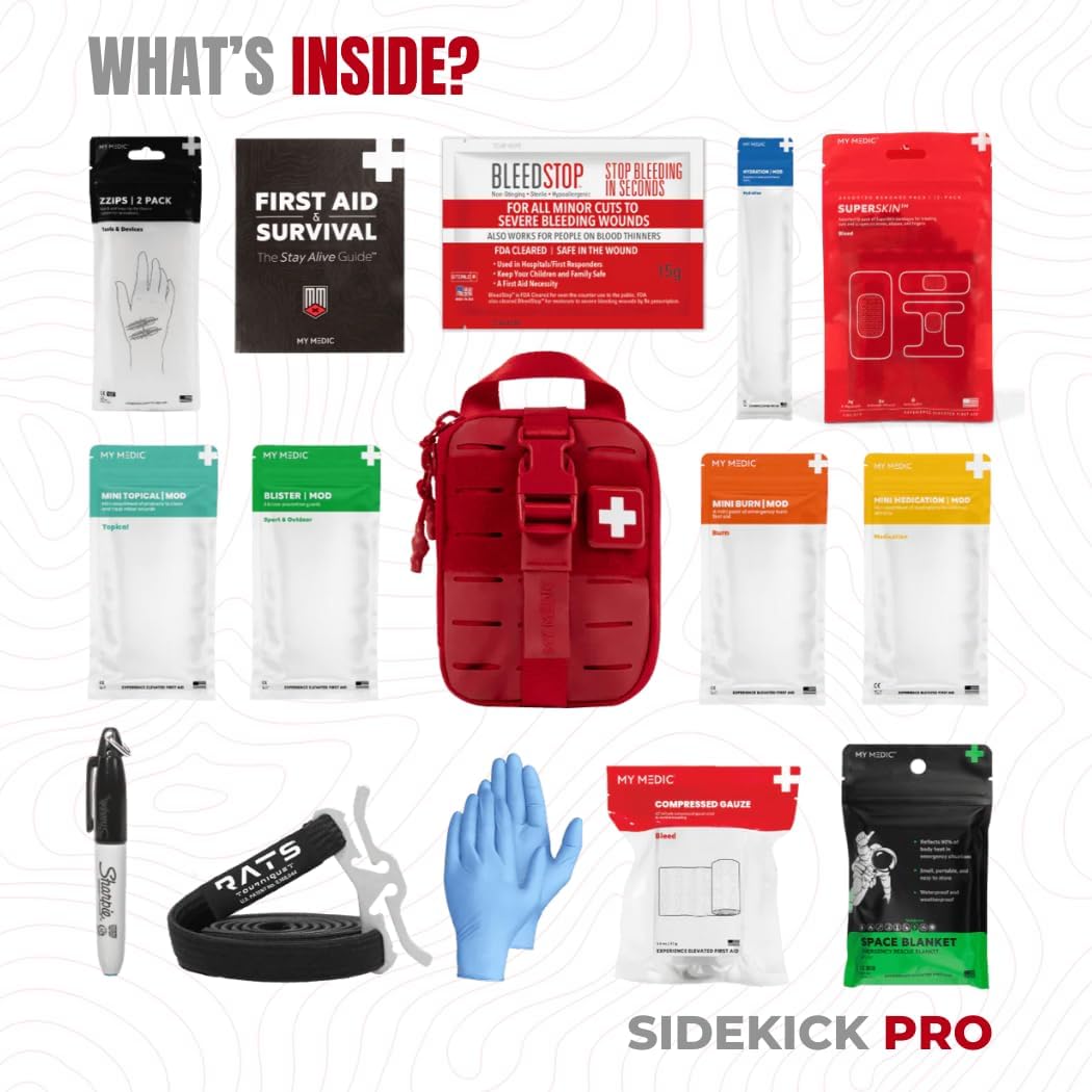 My Medic Sidekick Pro - Camping Hiking and Backpacking First Aid Kit - 70 Items with Tourniquet - HSA and FSA Eligible - Small Ifak Great for Travel or Motorcycle - Portable Emergency Kit – Red
