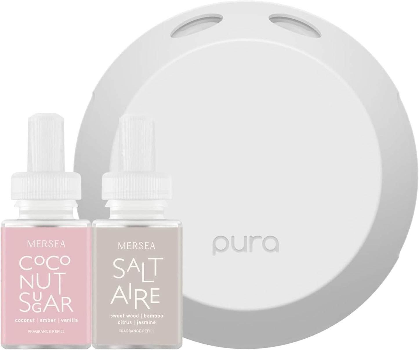 Pura Smart Home Fragrance Device Starter Set - Pura 4 - Scent Diffuser for Home - Includes Fragrance Aroma Diffuser - Square Box, Saltaire and Coconut Sugar Scent Refills